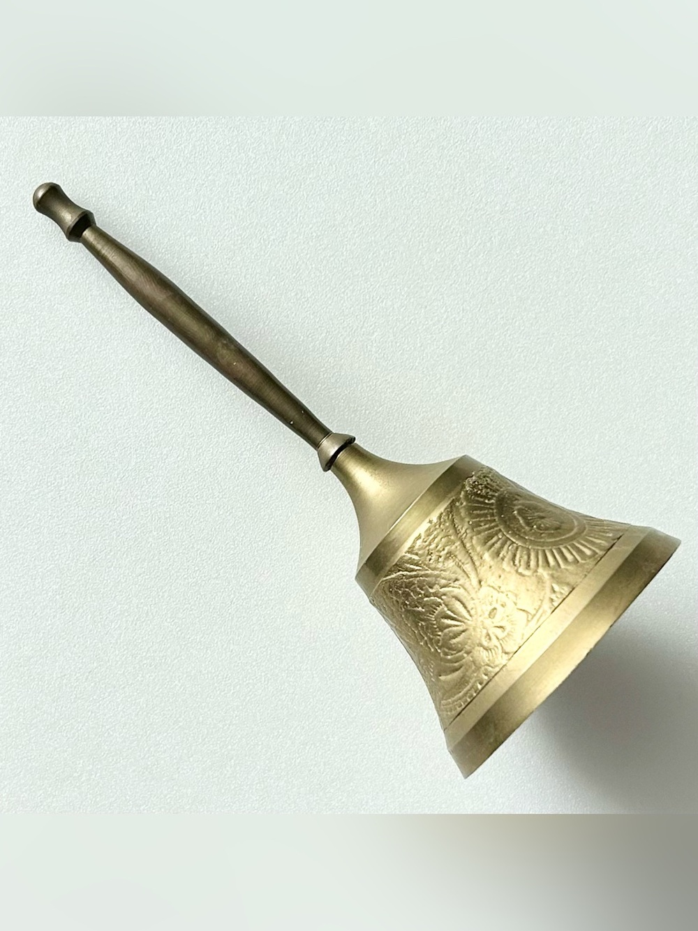 Antique Indian Brass Hand Bell with Sand-cast Lotus in a Medallion Design 6.5x3”